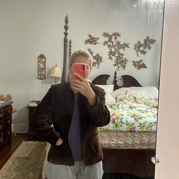 Vtg 80s Paul Shaw brown velvet open front/buttonless jacket - Picture 6 of 11